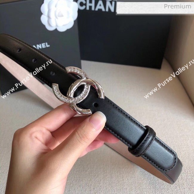 Chanel Width 2.5cm Smooth Calfskin Belt With Crystal CC Buckle Black 2020 (99-20040813)