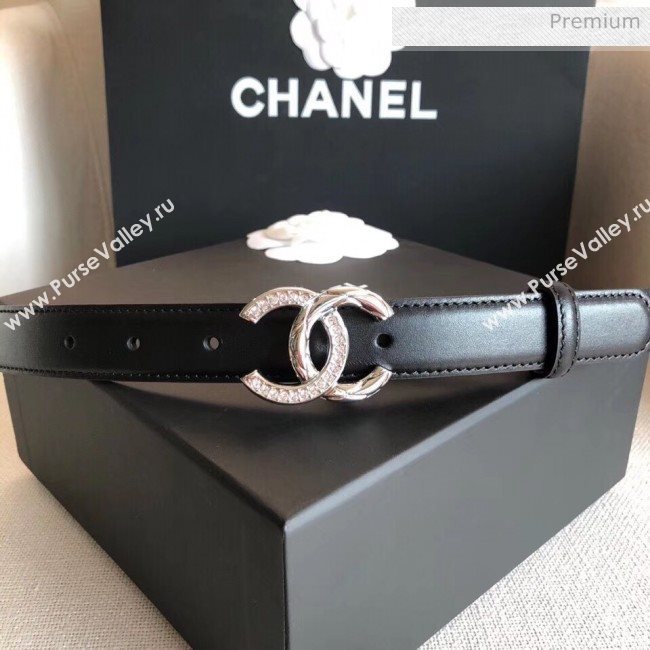 Chanel Width 2.5cm Smooth Calfskin Belt With Crystal CC Buckle Black 2020 (99-20040813)