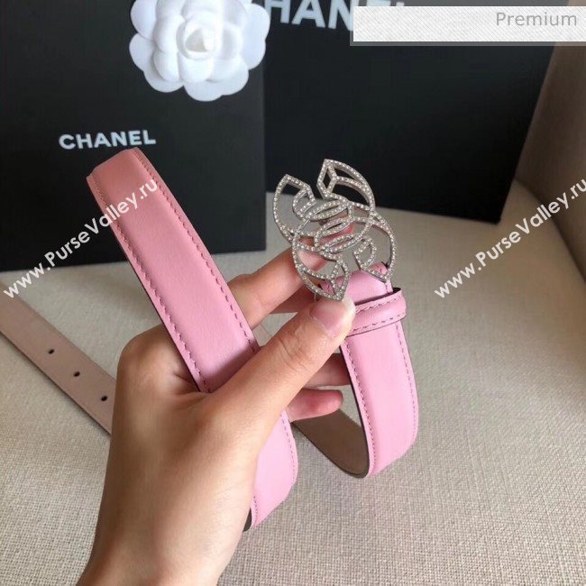 Chanel Width 2.5cm Smooth Calfskin Belt With Crystal Buckle Pink 2020 (99-20040815)