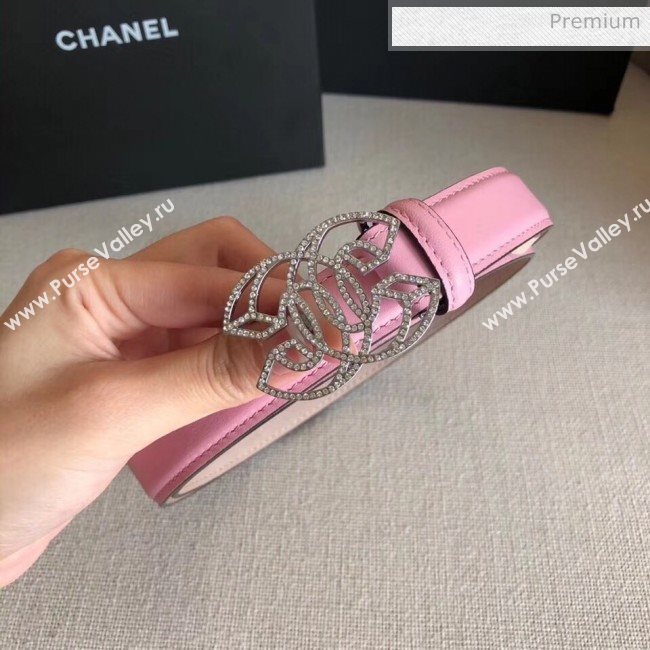 Chanel Width 2.5cm Smooth Calfskin Belt With Crystal Buckle Pink 2020 (99-20040815)