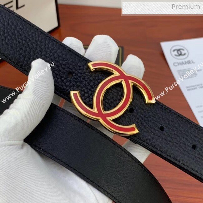 Chanel Width 3.4cm Grainy Calfskin Belt With Red Buckle Black 2020 (99-20040816)