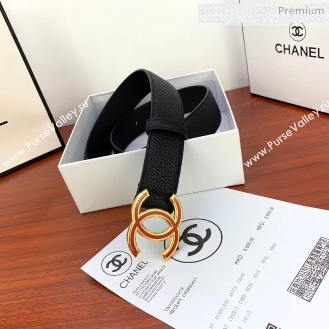 Chanel Width 3.4cm Grainy Calfskin Belt With Red Buckle Black 2020 (99-20040816)