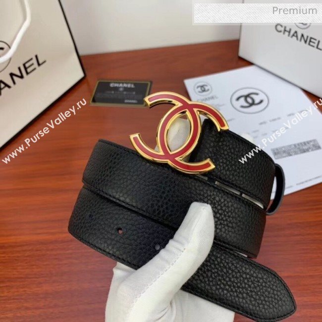 Chanel Width 3.4cm Grainy Calfskin Belt With Red Buckle Black 2020 (99-20040816)