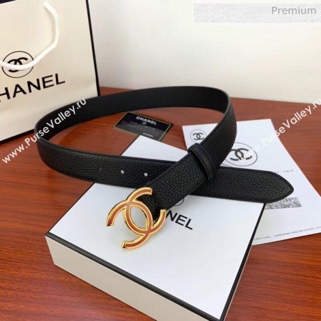 Chanel Width 3.4cm Grainy Calfskin Belt With Red Buckle Black 2020 (99-20040816)