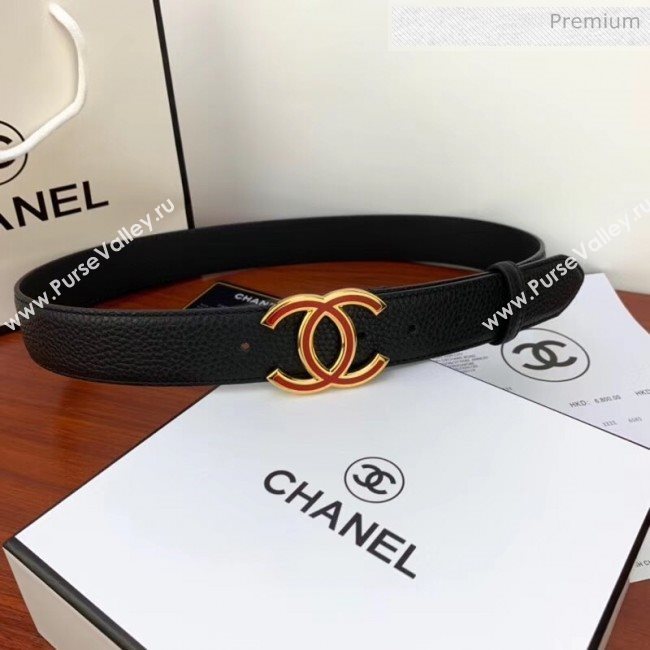 Chanel Width 3.4cm Grainy Calfskin Belt With Red Buckle Black 2020 (99-20040816)