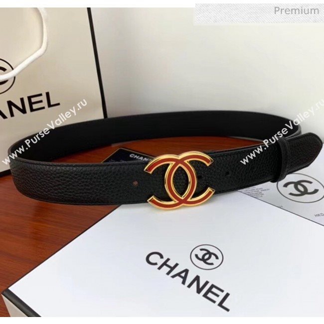 Chanel Width 3.4cm Grainy Calfskin Belt With Red Buckle Black 2020 (99-20040816)