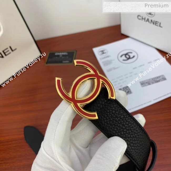 Chanel Width 3.4cm Grainy Calfskin Belt With Red Buckle Black 2020 (99-20040816)