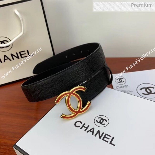 Chanel Width 3.4cm Grainy Calfskin Belt With Red Buckle Black 2020 (99-20040816)