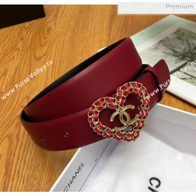 Chanel Width 3cm Calfskin Belt With Heart Buckle Burgundy/Black 2020 (99-20040801)