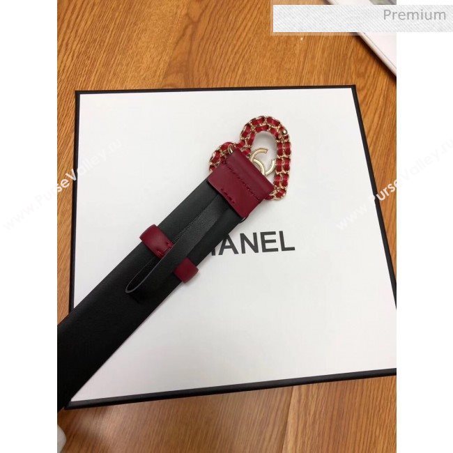 Chanel Width 3cm Calfskin Belt With Heart Buckle Burgundy/Black 2020 (99-20040801)