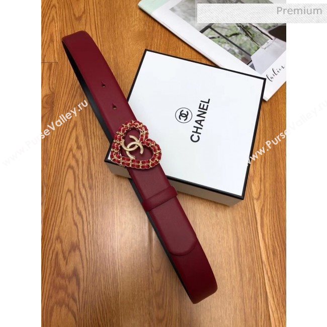 Chanel Width 3cm Calfskin Belt With Heart Buckle Burgundy/Black 2020 (99-20040801)