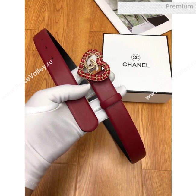 Chanel Width 3cm Calfskin Belt With Heart Buckle Burgundy/Black 2020 (99-20040801)