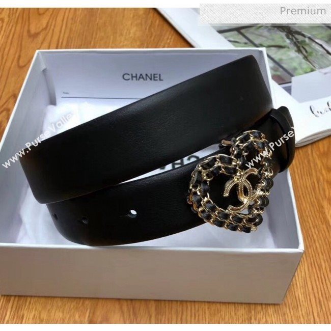 Chanel Width 3cm Calfskin Belt With Gold Heart Buckle Black 2020 (99-20040804)
