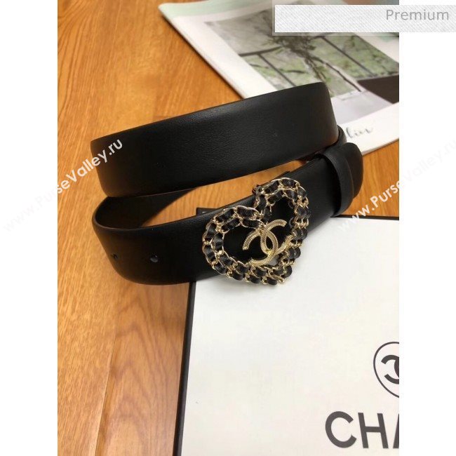 Chanel Width 3cm Calfskin Belt With Gold Heart Buckle Black 2020 (99-20040804)