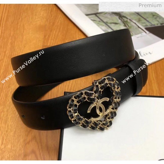 Chanel Width 3cm Calfskin Belt With Gold Heart Buckle Black 2020 (99-20040804)