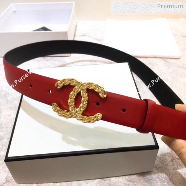 Chanel Width 3cm Calfskin Belt With Crystal CC Buckle Red 2020 (99-20040805)