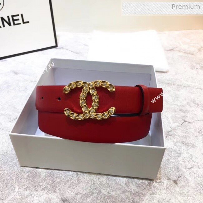 Chanel Width 3cm Calfskin Belt With Crystal CC Buckle Red 2020 (99-20040805)