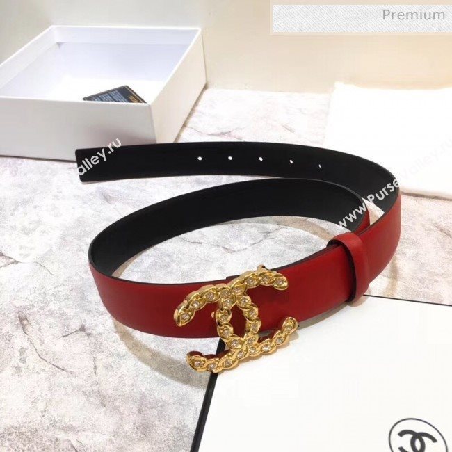 Chanel Width 3cm Calfskin Belt With Crystal CC Buckle Red 2020 (99-20040805)