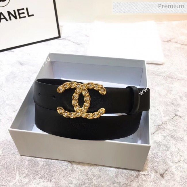 Chanel Width 3cm Calfskin Belt With Crystal CC Buckle Black 2020 (99-20040806)