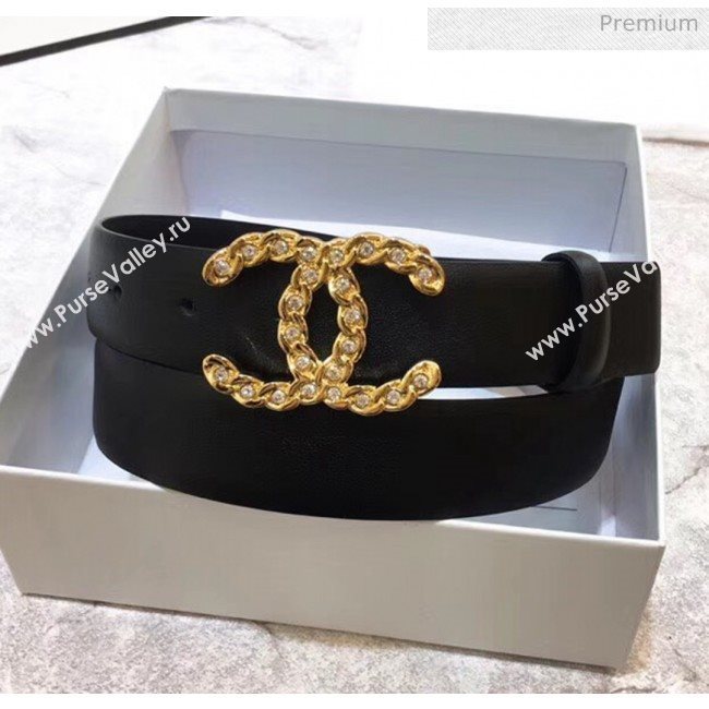Chanel Width 3cm Calfskin Belt With Crystal CC Buckle Black 2020 (99-20040806)