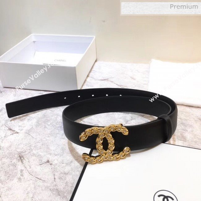 Chanel Width 3cm Calfskin Belt With Crystal CC Buckle Black 2020 (99-20040806)