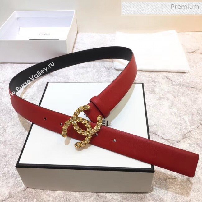 Chanel Width 3cm Calfskin Belt With Crystal CC Buckle Red 2020 (99-20040805)