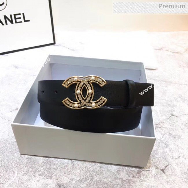 Chanel Width 3cm Calfskin Belt With Crystal Pearl CC Buckle Black 2020 (99-20040807)