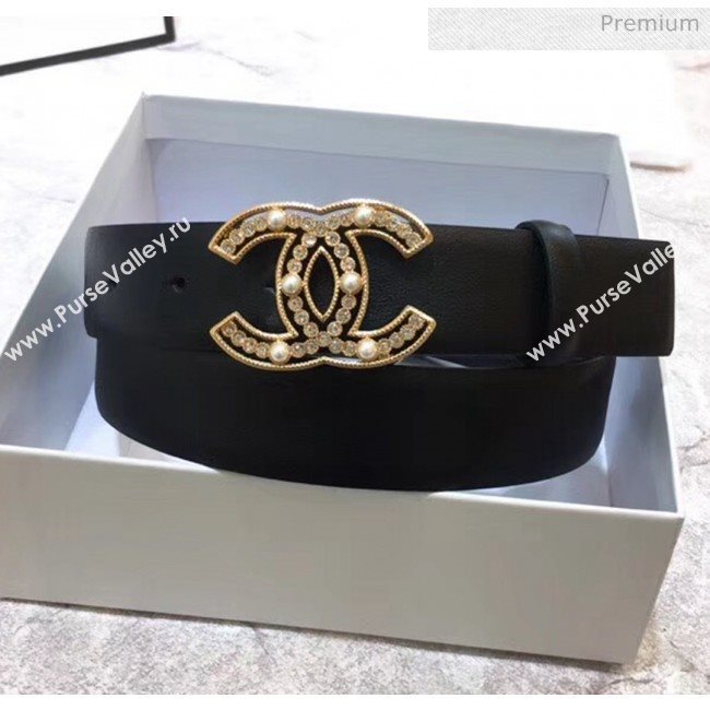 Chanel Width 3cm Calfskin Belt With Crystal Pearl CC Buckle Black 2020 (99-20040807)