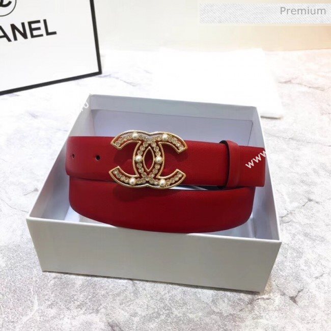 Chanel Width 3cm Calfskin Belt With Crystal Pearl CC Buckle Red 2020 (99-20040808)
