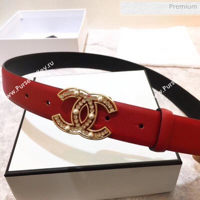 Chanel Width 3cm Calfskin Belt With Crystal Pearl CC Buckle Red 2020 (99-20040808)