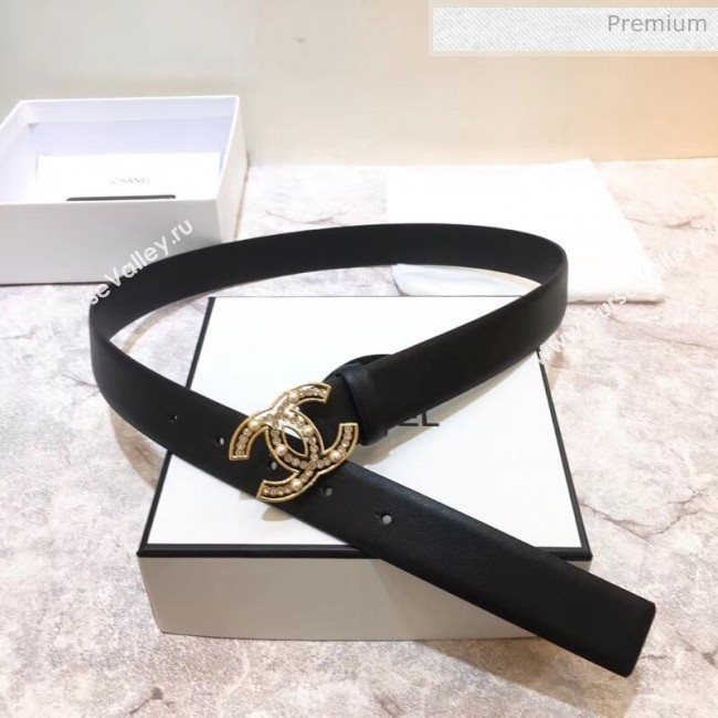 Chanel Width 3cm Calfskin Belt With Crystal Pearl CC Buckle Black 2020 (99-20040807)