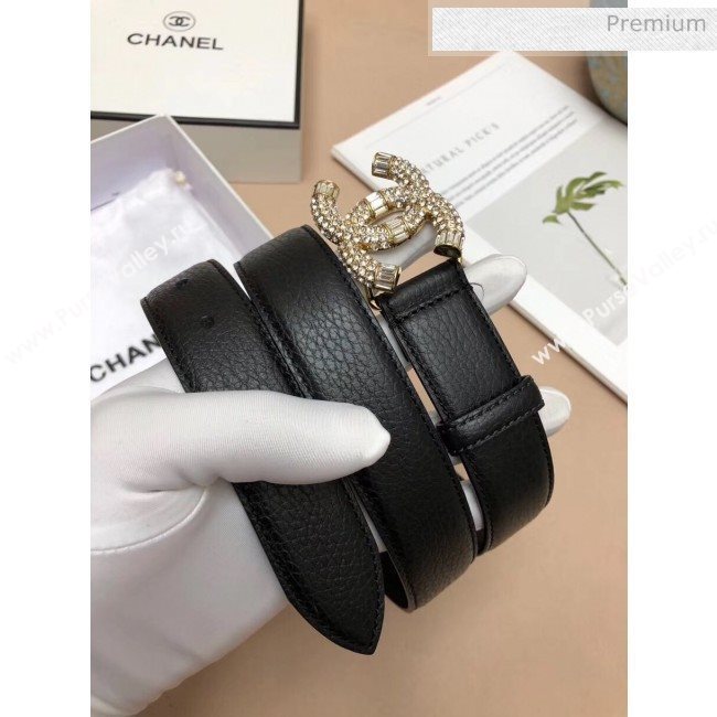 Chanel Width 3cm Grainy Calfskin Belt With Crystal CC Buckle Black/Gold 2020 (99-20040809)