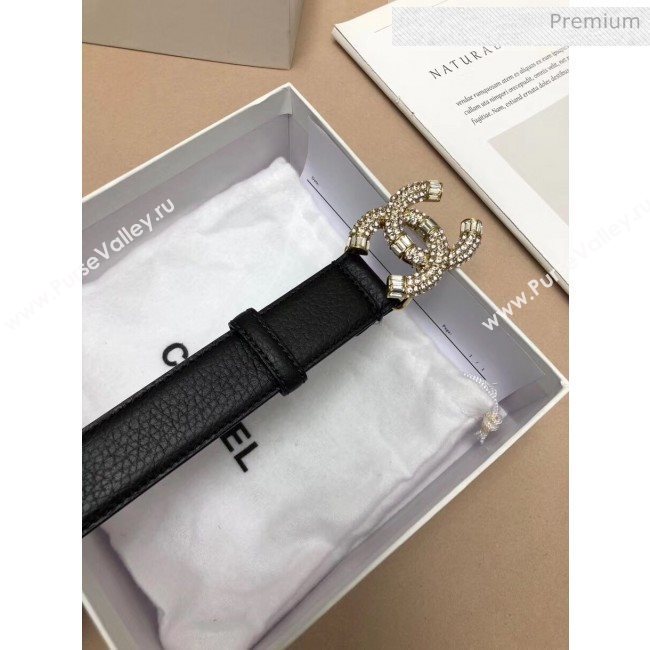 Chanel Width 3cm Grainy Calfskin Belt With Crystal CC Buckle Black/Gold 2020 (99-20040809)