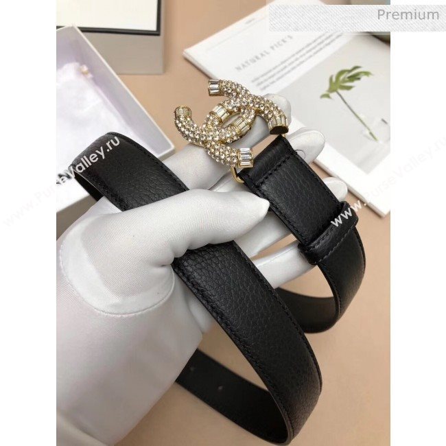 Chanel Width 3cm Grainy Calfskin Belt With Crystal CC Buckle Black/Gold 2020 (99-20040809)