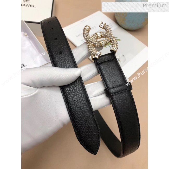 Chanel Width 3cm Grainy Calfskin Belt With Crystal CC Buckle Black/Gold 2020 (99-20040809)