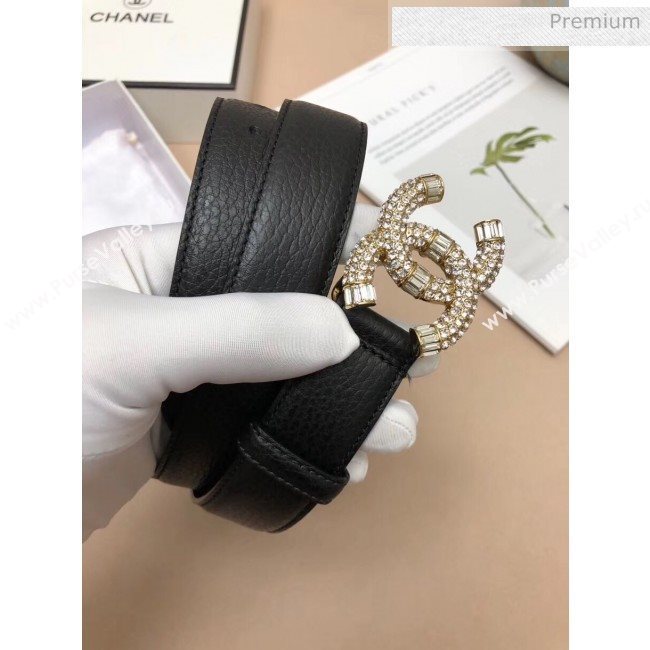 Chanel Width 3cm Grainy Calfskin Belt With Crystal CC Buckle Black/Gold 2020 (99-20040809)