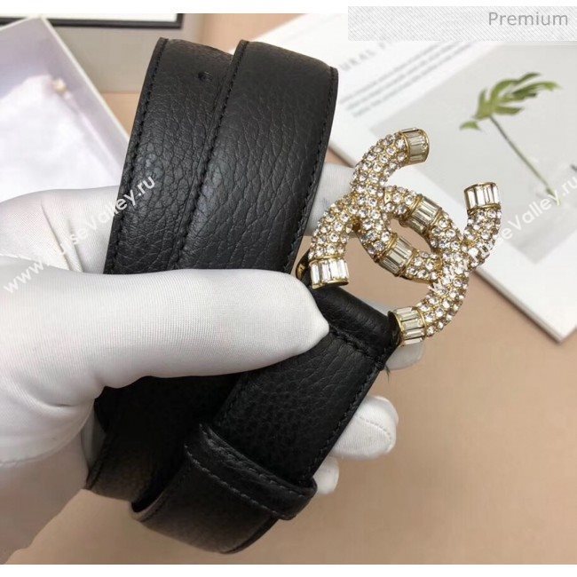 Chanel Width 3cm Grainy Calfskin Belt With Crystal CC Buckle Black/Gold 2020 (99-20040809)