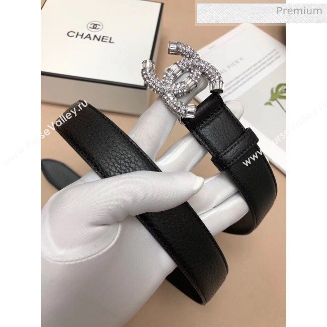 Chanel Width 3cm Grainy Calfskin Belt With Crystal CC Buckle Black/Silver 2020 (99-20040810)