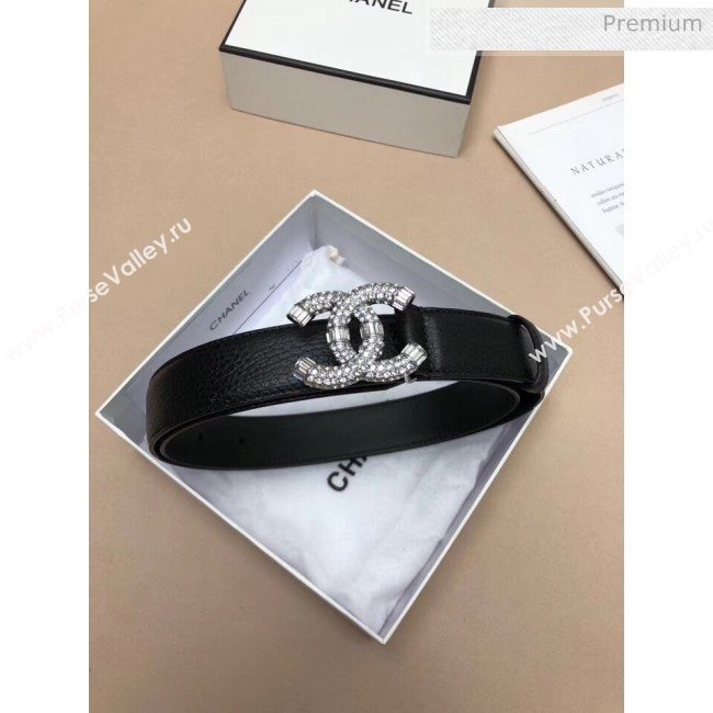 Chanel Width 3cm Grainy Calfskin Belt With Crystal CC Buckle Black/Silver 2020 (99-20040810)