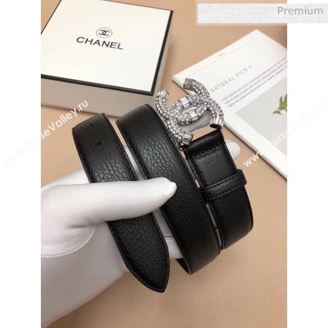 Chanel Width 3cm Grainy Calfskin Belt With Crystal CC Buckle Black/Silver 2020 (99-20040810)