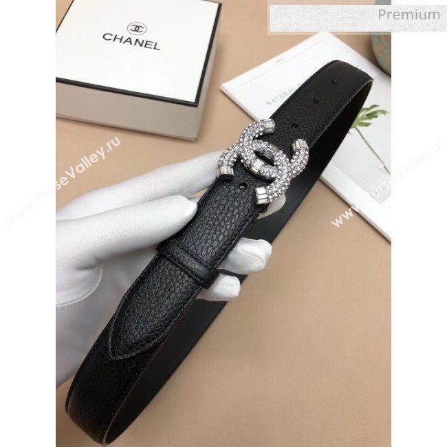 Chanel Width 3cm Grainy Calfskin Belt With Crystal CC Buckle Black/Silver 2020 (99-20040810)