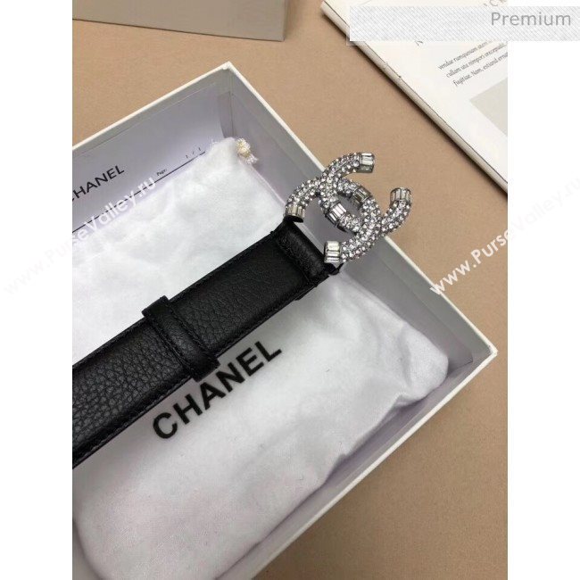 Chanel Width 3cm Grainy Calfskin Belt With Crystal CC Buckle Black/Silver 2020 (99-20040810)