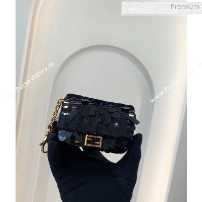 Fendi NANO BAGUETTE Charm Bag in Black Sequin 2020 (CL-20041363)