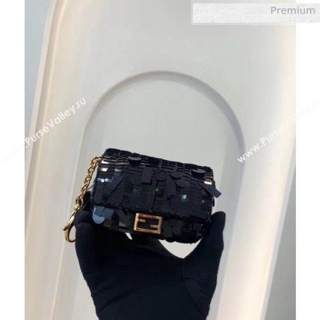 Fendi NANO BAGUETTE Charm Bag in Black Sequin 2020 (CL-20041363)