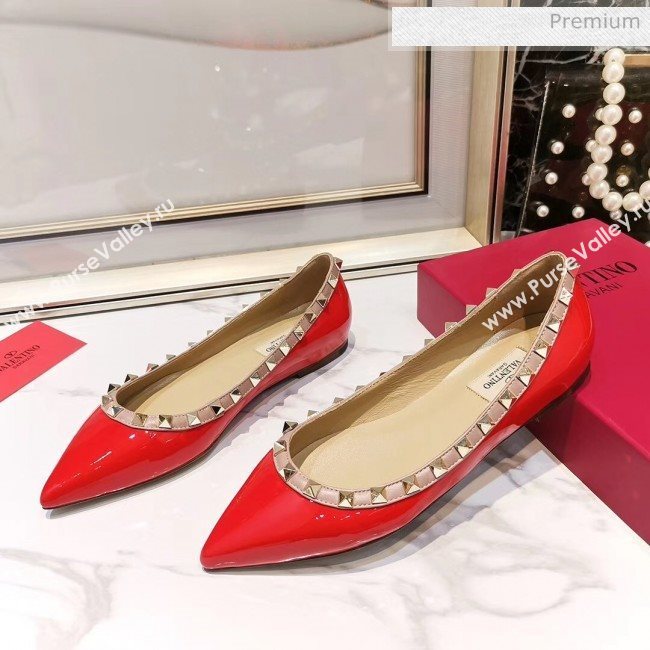 Valentino Rockstud Flat Ballerina in Patent Calfskin Red (XL-20041419)