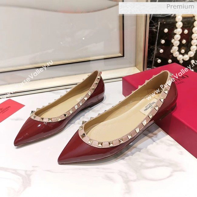 Valentino Rockstud Flat Ballerina in Patent Calfskin Burgyundy (XL-20041420)