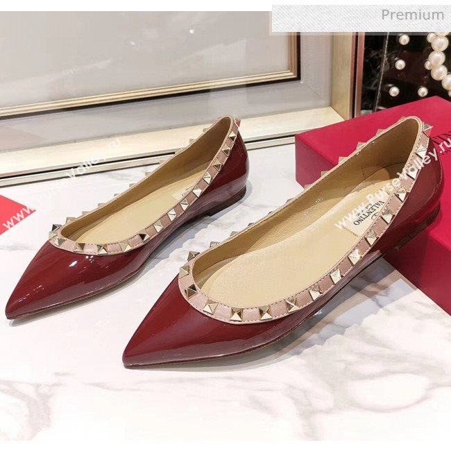 Valentino Rockstud Flat Ballerina in Patent Calfskin Burgyundy (XL-20041420)