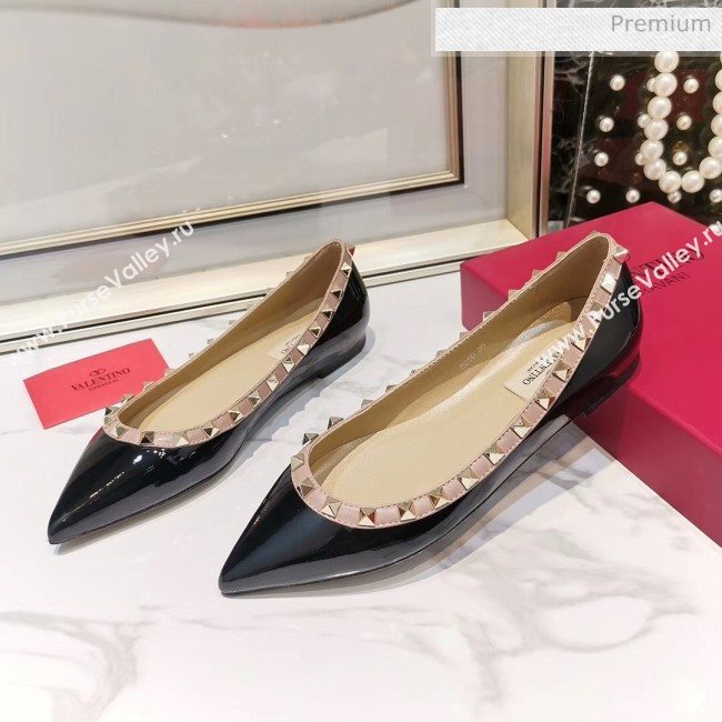 Valentino Rockstud Flat Ballerina in Patent Calfskin Black (XL-20041421)