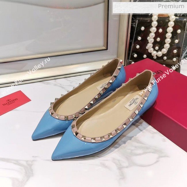 Valentino Rockstud Flat Ballerina in Patent Calfskin Blue (XL-20041424)