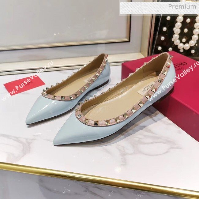 Valentino Rockstud Flat Ballerina in Patent Calfskin Baby Blue (XL-20041425)